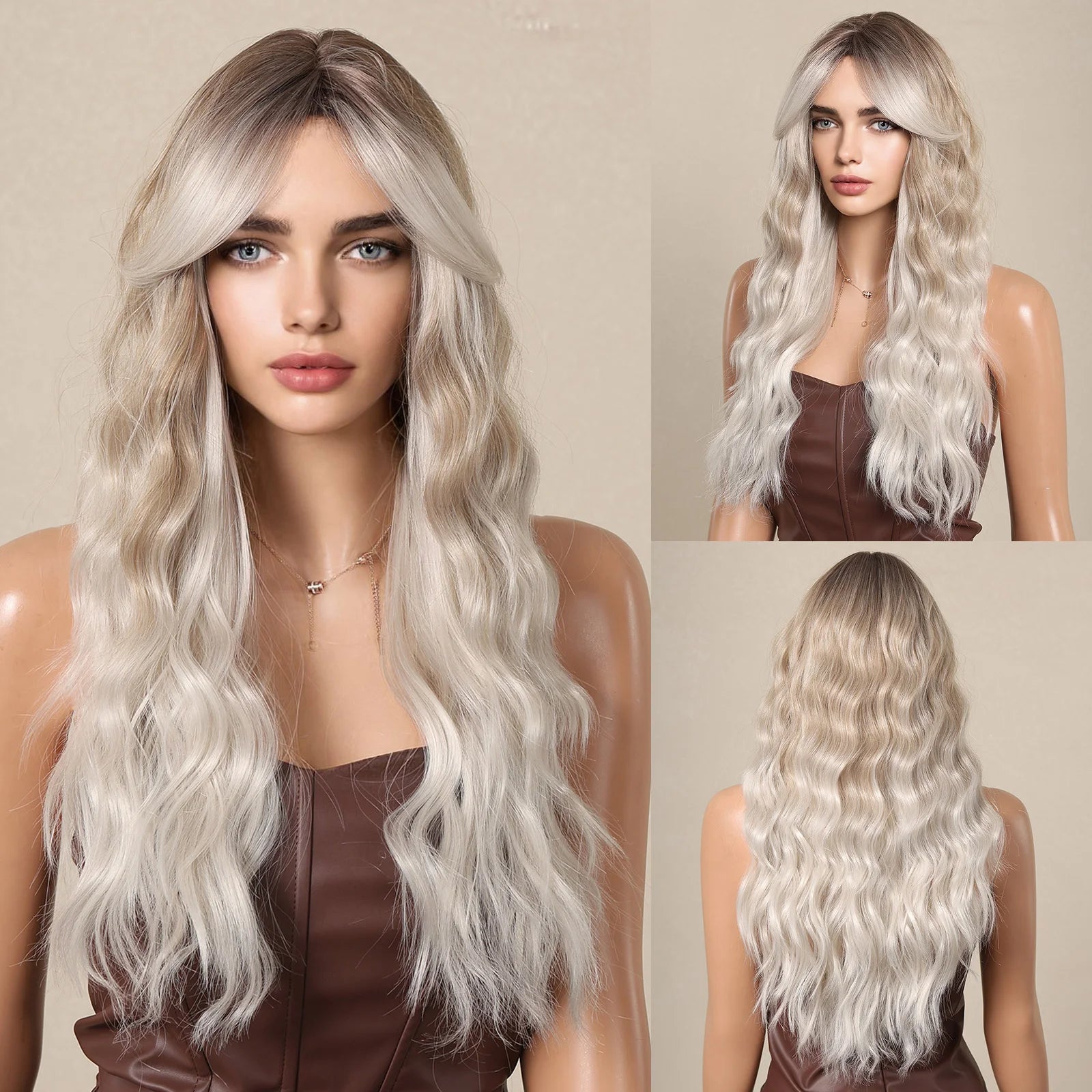 Perruques synthétiques longues et bouclées blanc platine avec frange pour femmes, perruque ondulée Afro Cosplay Lolita, cheveux naturels résistants à la chaleur, pour usage quotidien