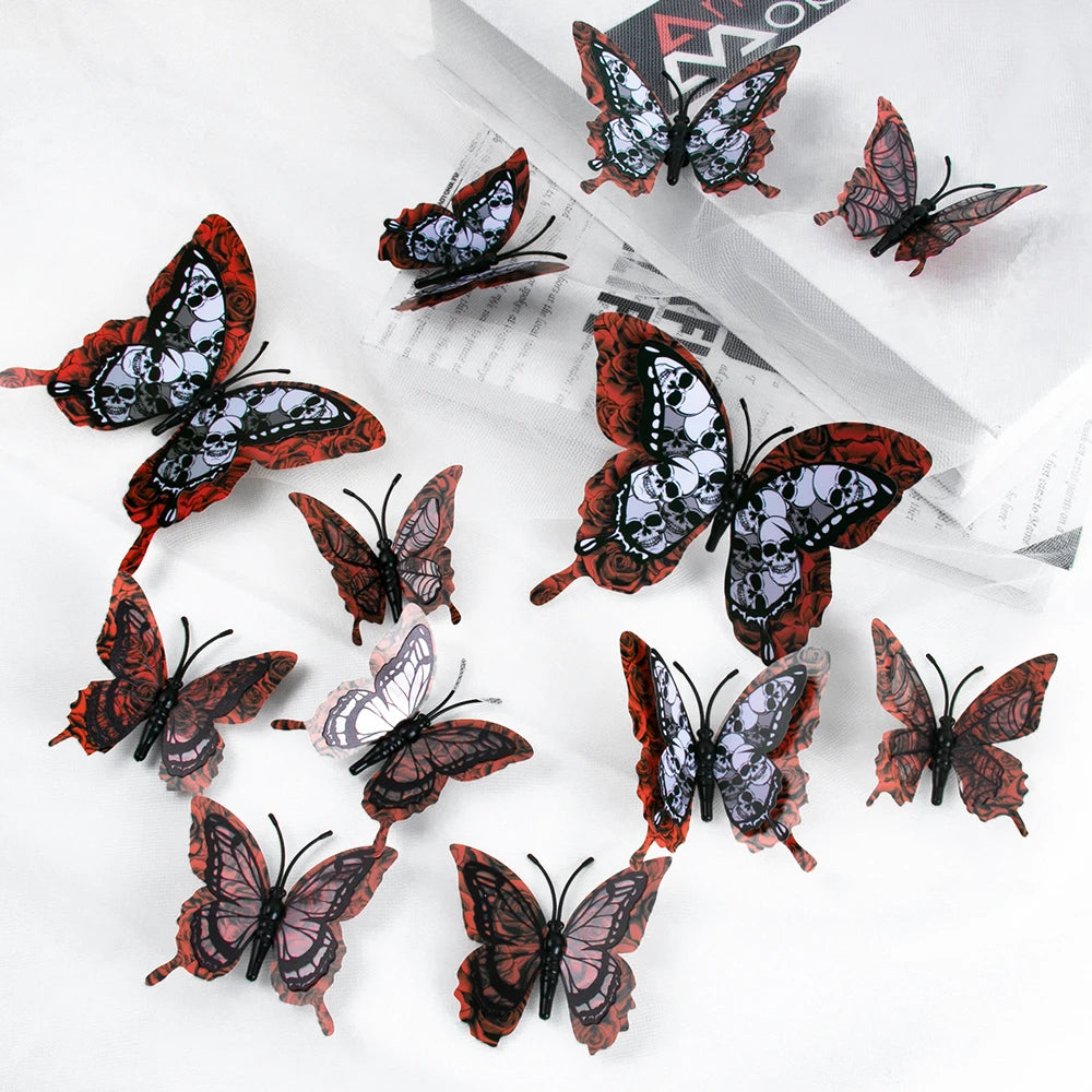 12pcs Halloween Skull Butterfly Bat Sticker 3D Double-Layer Wall Decals Haunted House Scary Prop Halloween Party Home Decoration