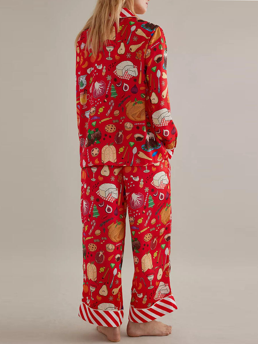 Women Pajama Set Food Animal Print Long Sleeve Button Closure Tops with Pants Sleepwear Loungewear
