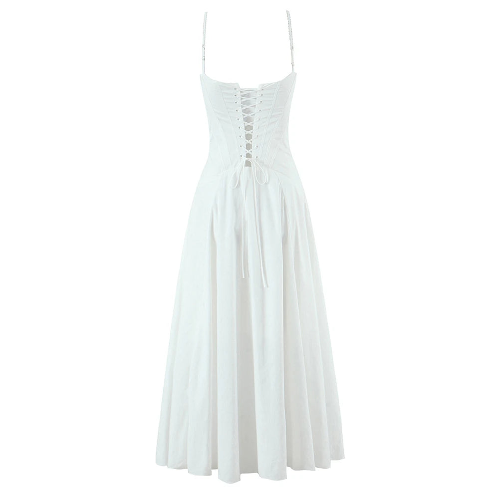 Women Dress New Fashion Summer Vintage White Lace-Panelled Cotton Dresses for Women Elegance Chic Ladies Midi Dress