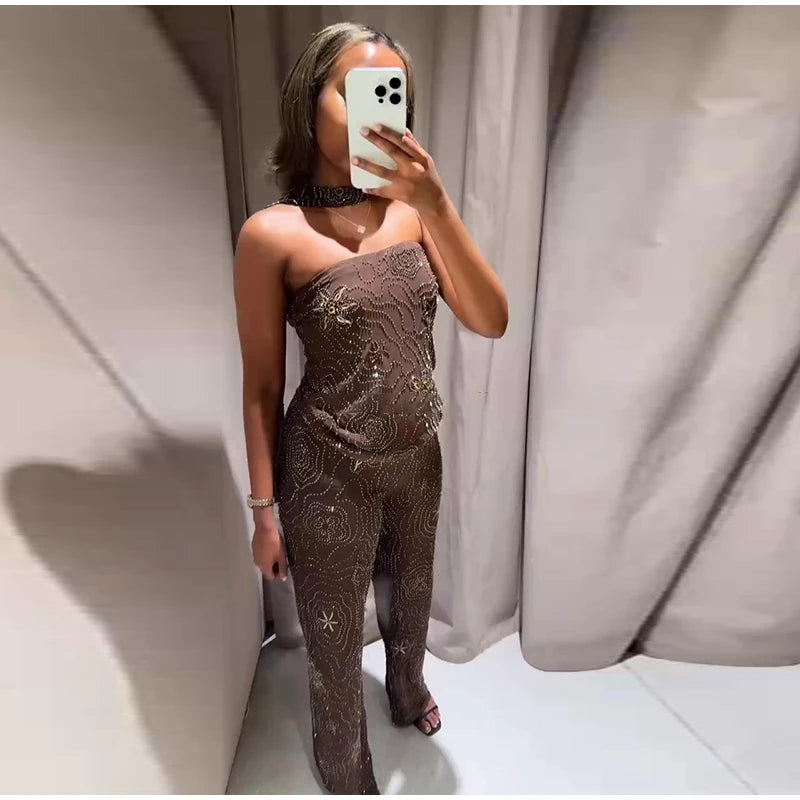 Chic Beaded Women's Top Pant Set Sexy Slim Halter Sleeveless Crop Tops See Through Elastic Waist Wide Leg Pants Summer Outfits