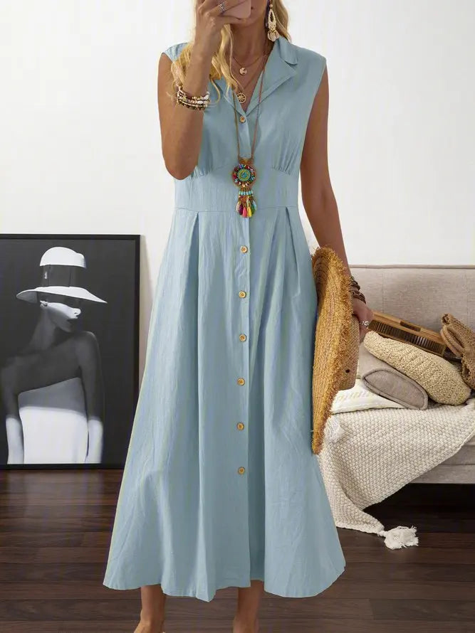 New Dresses  Woman Fashion Lapel A-line Vintage Cotton Linen Long Skirt Women's Clothing Tops