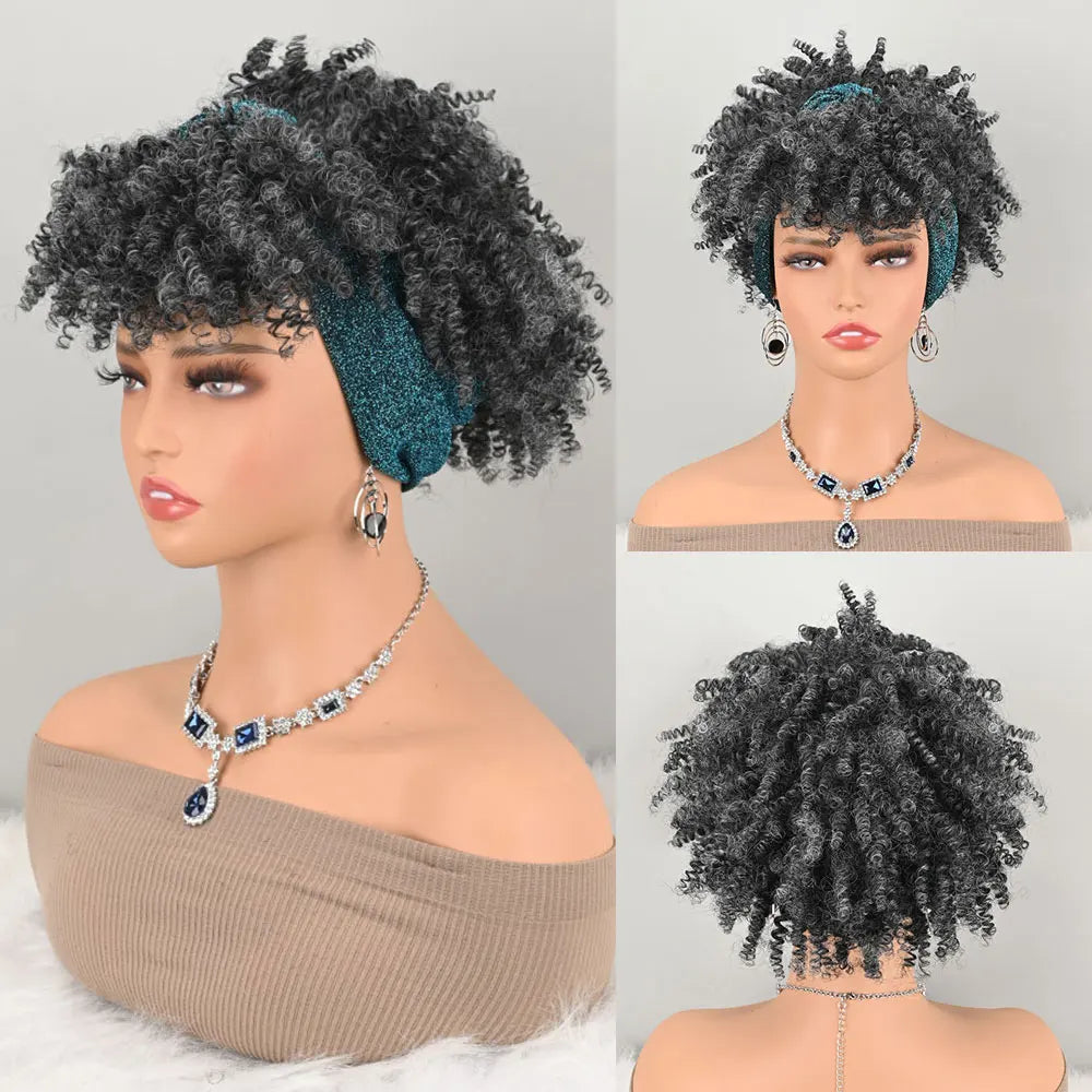 Pelucas con Diadema para Mujeres Negras, Pelucas Sintéticas Cortas Afro Rizadas y Crespas, Peluca Negra con Flequillo, Turbante Envolvente 2 en 1