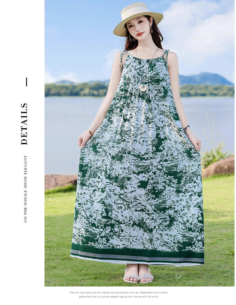 New Fashion Hot Summer Dresses For Women  Casual Flower Print Floral Sleeveless Dress Vintage Dress Loose Women Clothing