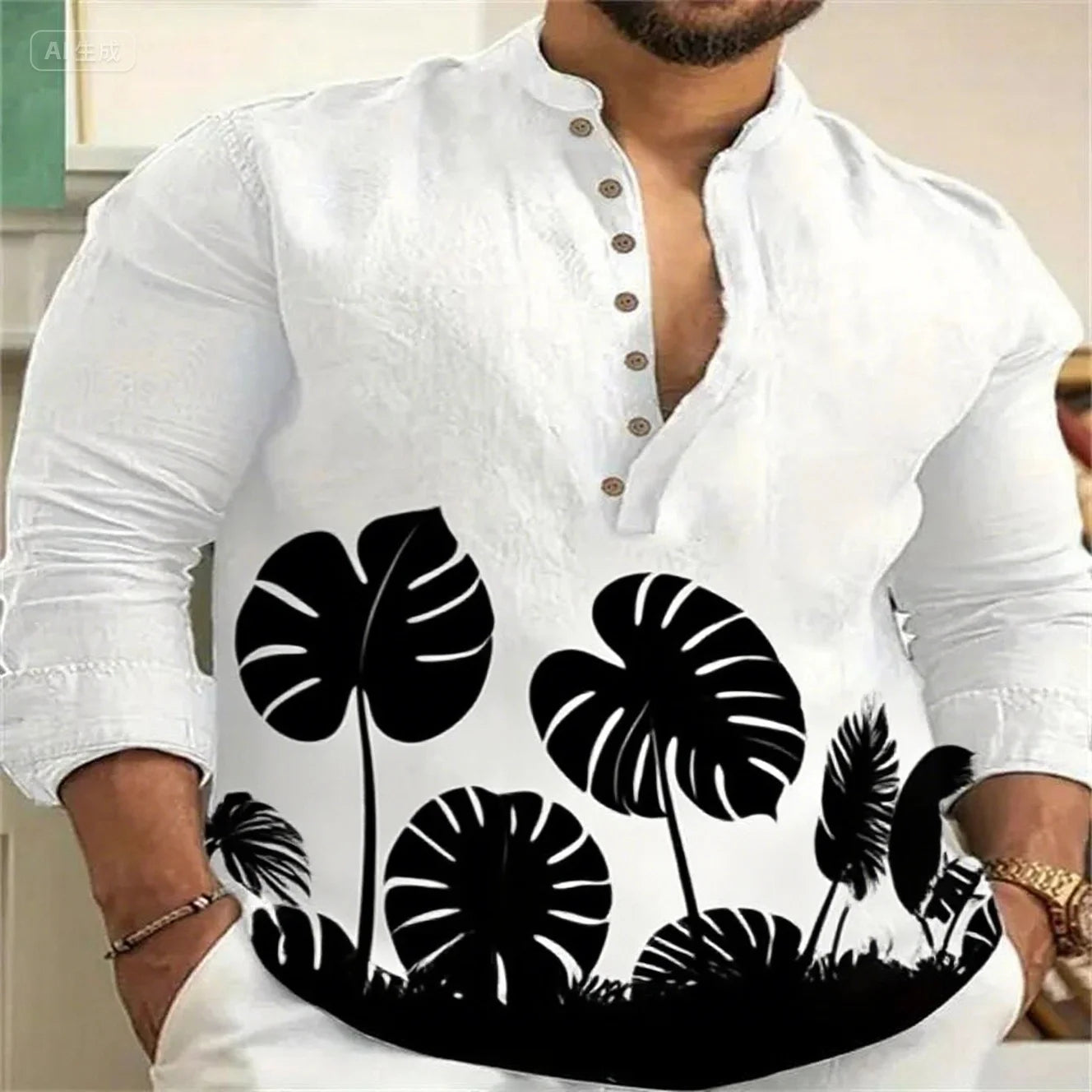 Newest linen long-sleeved simple atmospheric vegetation pattern high-quality casual shirt XS-6XL fast delivery