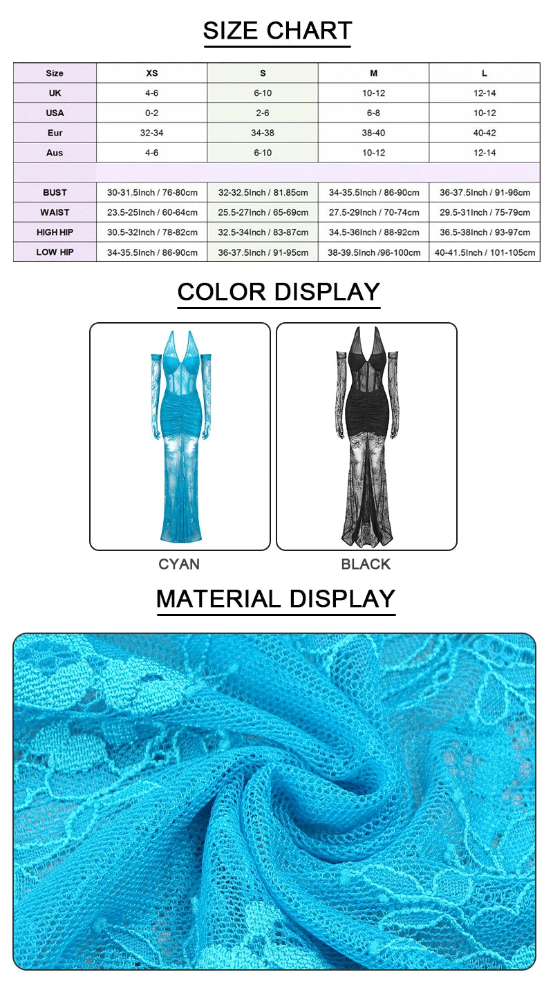 VC Fashion Party Dresses For Women Sexy Lace Halter Long Sleeves Gloves Design Maxi Gowns Vestidos