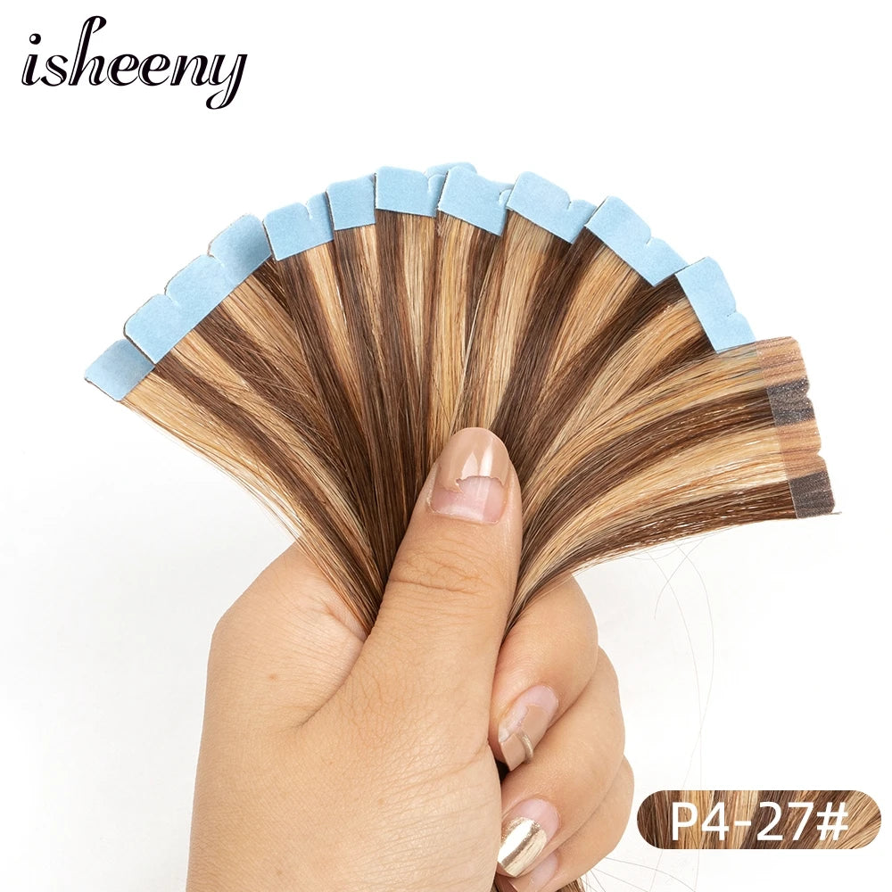 Isheeny 12"-24" Mini Tape Hair Extensions Machine Remy Human Hair Adhesive Tape In Human Hair Natural Straight 10pcs/pack