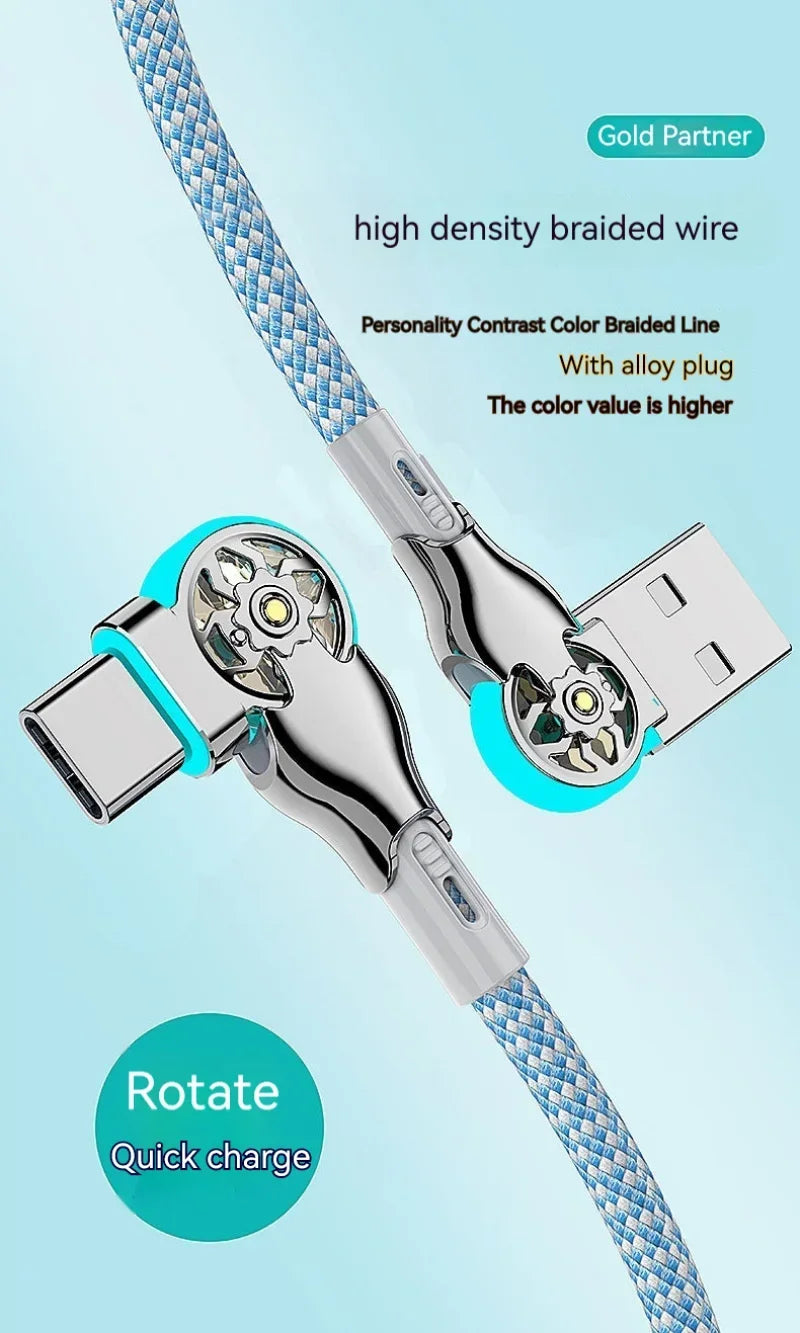 Dual 180° Rotating Fast Charging Cable Type C Micro USB Charger with Light Zinc Alloy Braided Data Cable For Android iPhone