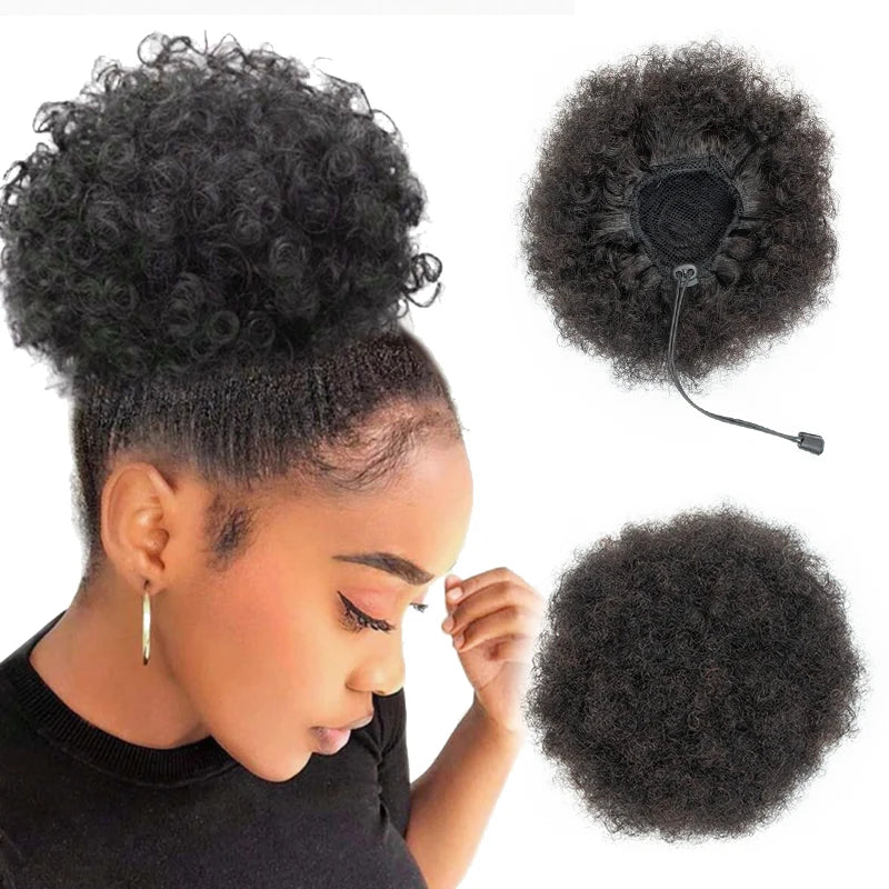 Afro Puff Kinky Curly Human Hair Ponytail Curly Drawstring High Bun HairPiece Clip in on Updo Chignon for Black Women 4 6 8 inch