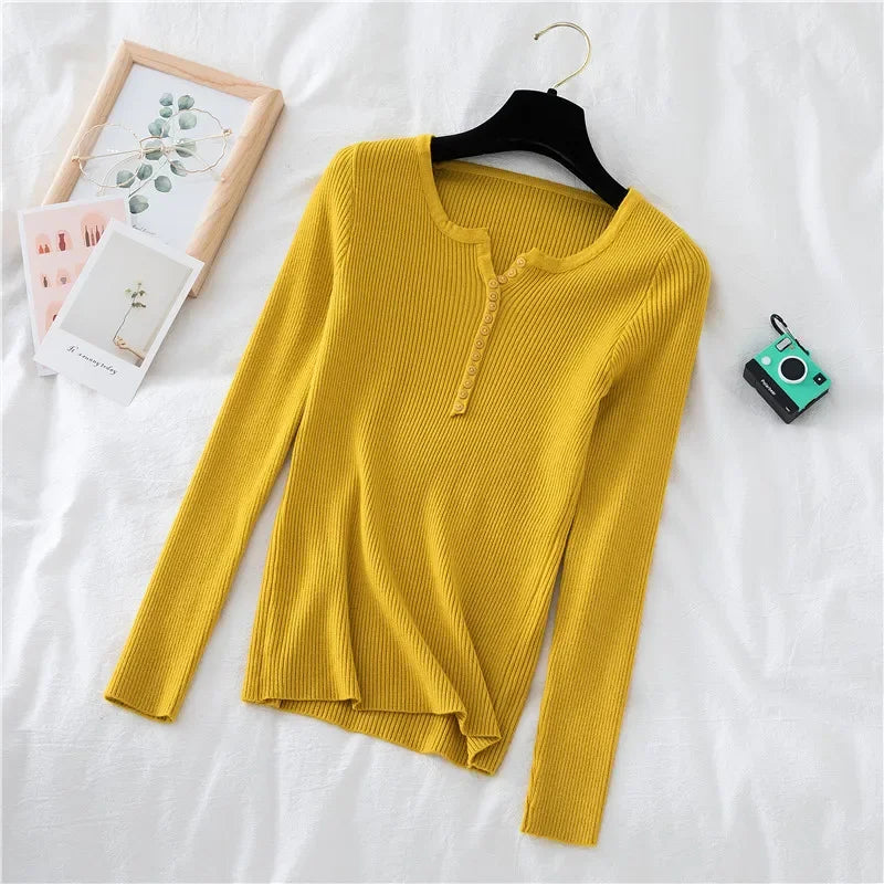 Korea Autumn Winter Button V Neck Sweater Women Basic Slim Pullover Women Sweaters And Pullovers Knit Jumper Soft Warm Tops