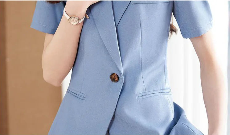 Women Formal Suits 2 Pieces Sets Elegant Slim Short Sleeve Cardigan Tops Conjuntos Summer Ol High Waist Pencil Pants Ensembles