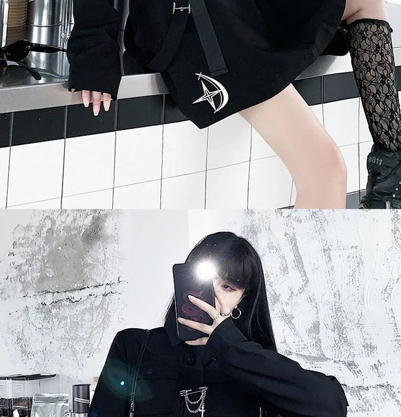 Women Two-Piece Skirt Spring Oversize 4XL Black Punk Chain Ribbon Skirts Ladies Suit Female Dress Sets Harajuku Streetwear