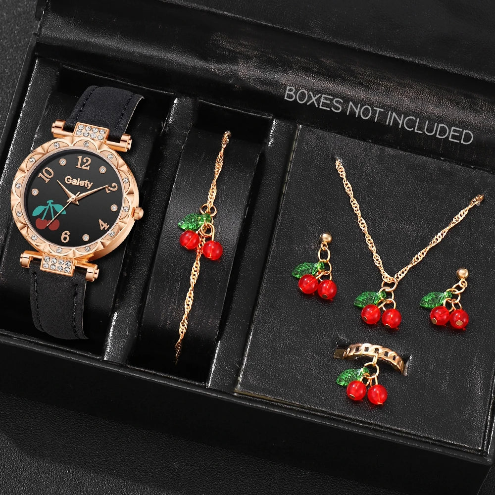 Set de 6 piezas de reloj y joyas para mujer en color rojo: Elegante, divertido y perfecto para regalar