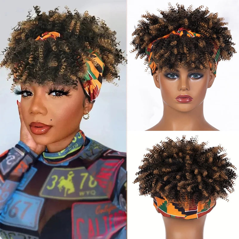 Afro Curly Headband Wigs Short Kinky Curly Wigs with Headbands Attached Scarf Wig For Women Synthetic Afro Puff Wigs with Bangs