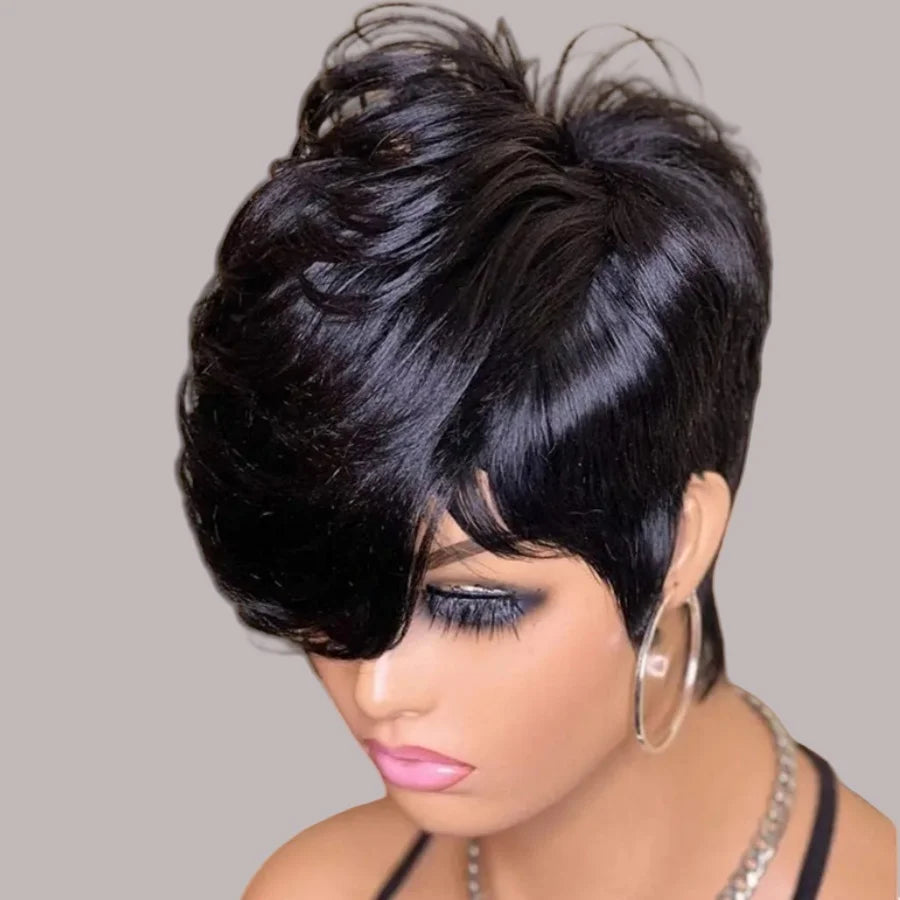 Peluca de cabello humano con corte pixie ondulado