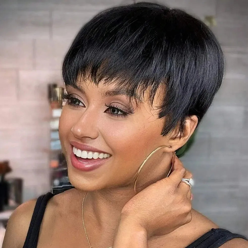 99J Burgundy Short Pixie Cut Wig Human Hair Brazilian 100% Human Hair Pixie Wig with Bangs for Women Full Machine Wigs