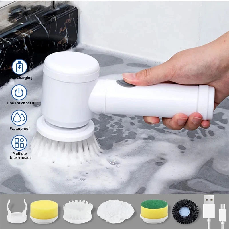 Electric 5 in 1 Powerful Cleaning Brush Spin Scrubber Brush Deep Cleaning with 5 Replaceable Heads For Bathroom Kitchen