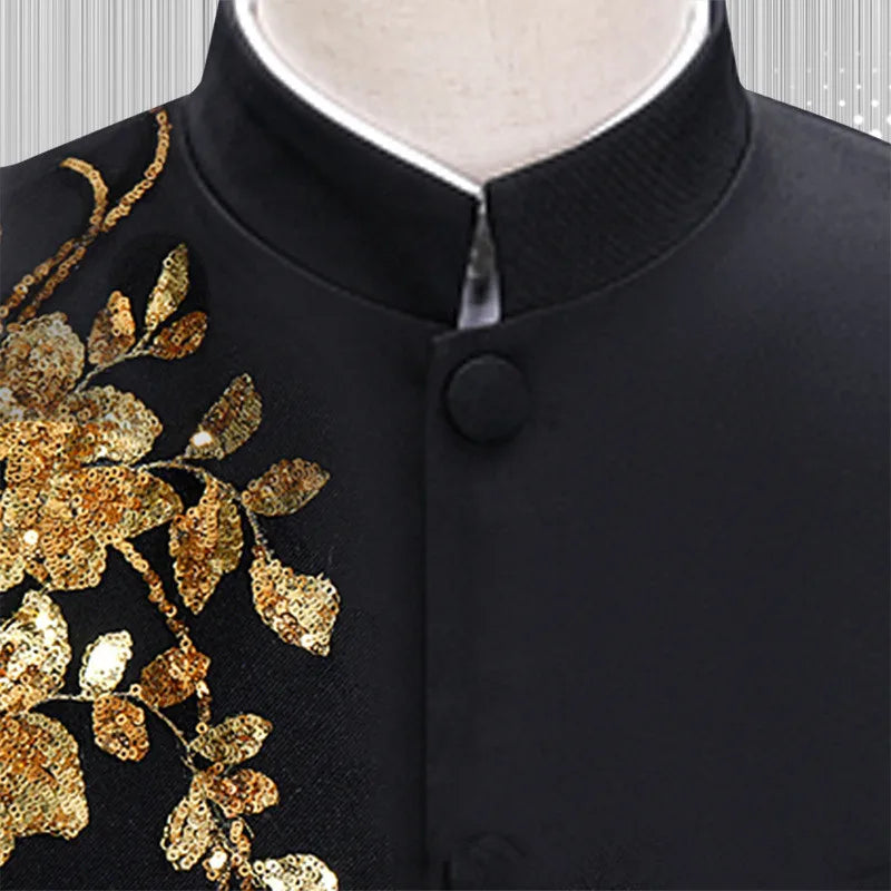 Fashion Men Stand Up Collar Floral Suit Luxurious Sequin Clothing Male Business Social Wedding Ball Party Dress Blazer and Pants