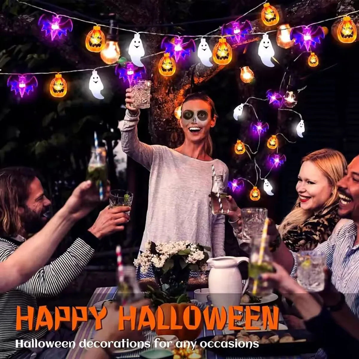 Halloween LED light string ghost bat pumpkin three in one light string holiday decoration colorful lights full of atmosphere