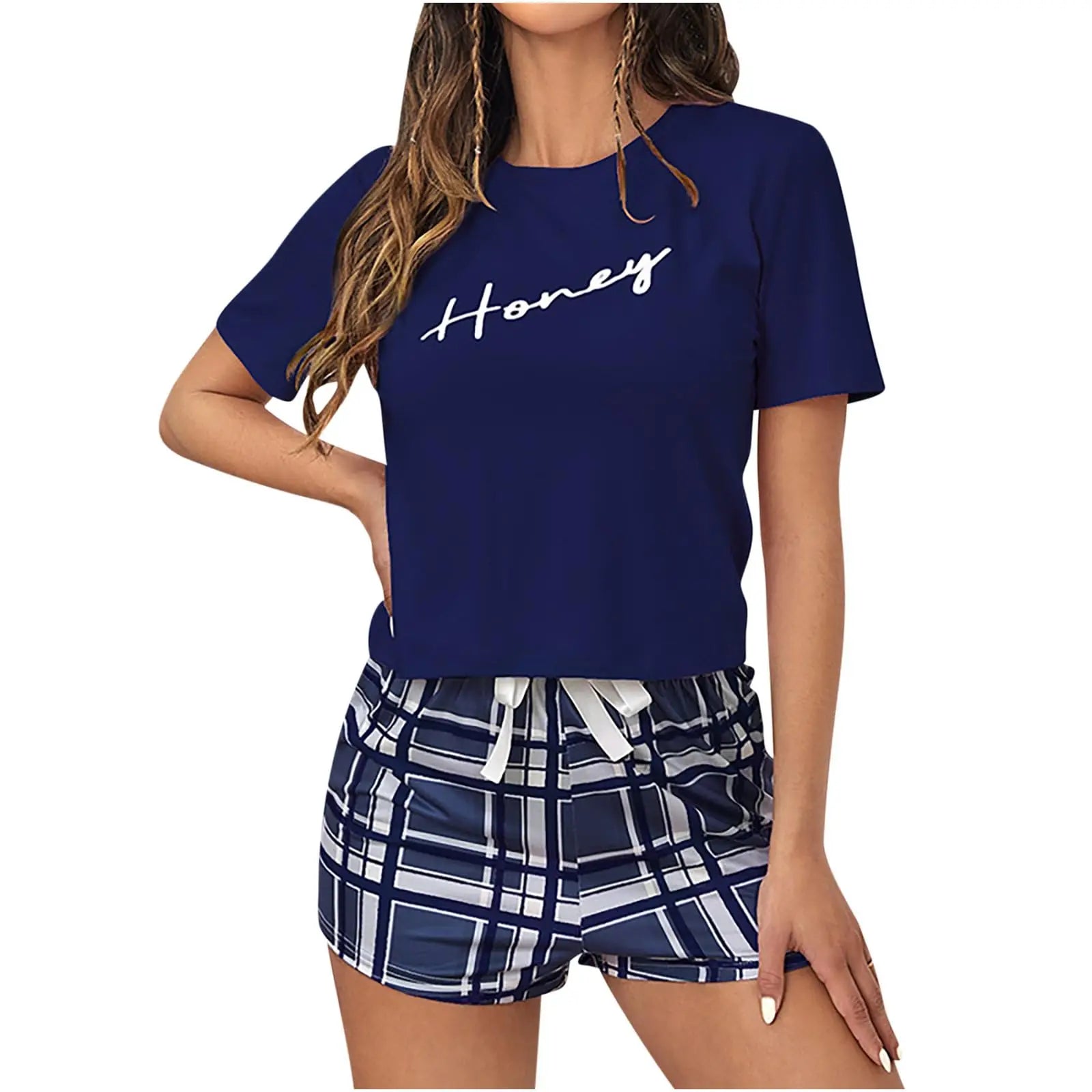 Nuevos Conjuntos de Pijama de 2 Piezas para Mujer, Tops de Manga Corta con Letras y Pantalones Cortos a Cuadros con Cordón, Conjunto Informal de Camiseta y Ropa para Estar por Casa