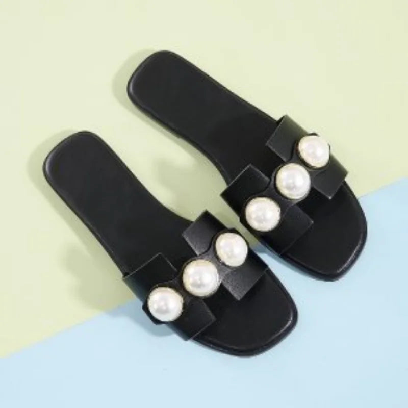 Slippers Women New Flat Slippers Party Shoes Fashion Pearl Sandals Slippers Roman Women Flip-Flops Casual Beach Shoes Trend