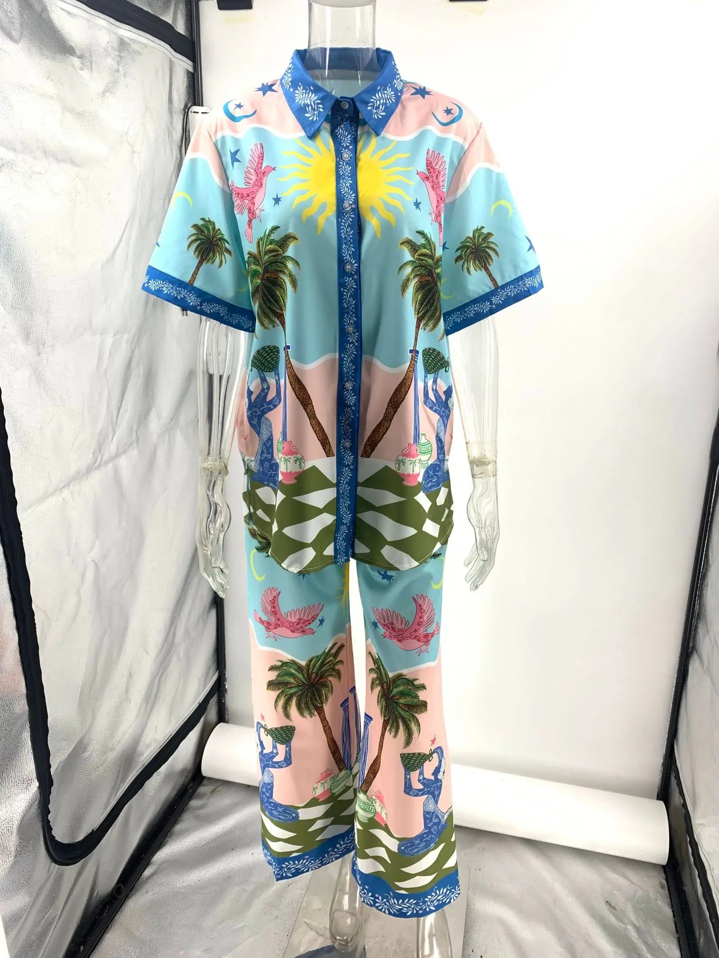 Pants Sets For Women Summer Fashion Printed Half Sleeve Shirt Suits Casual Loose High Waisted Female Wide Leg Pants Outfits