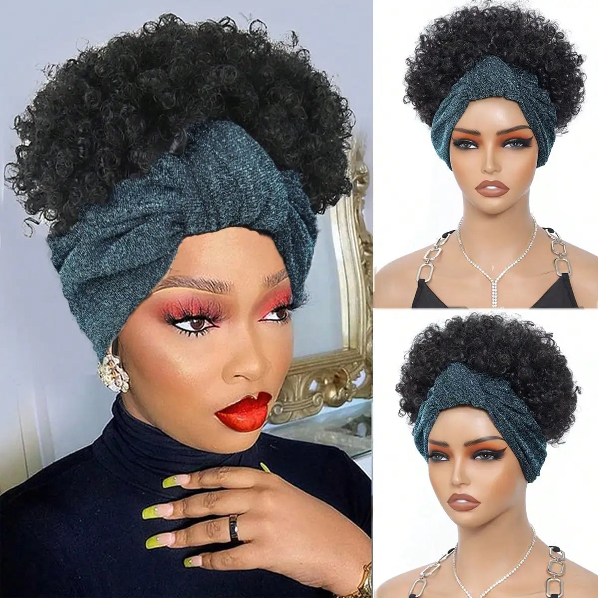 Women Afro Kinky Curly Wig With Synthetic Short Hair Wigs With Headband Attached Headwrap Wigs Kinky Curly Headband Wig