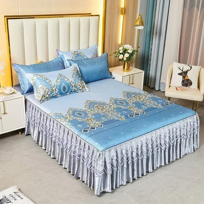3 deler sommer sengeteppe i skjørtstil, sengeteppe i blonder i europeisk stil, tredelt sett i skjørtstil, sengeteppe i madrass, støvbeskyttelse