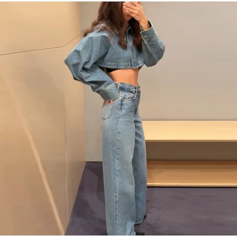 Women Denim Short Tops Pants 2 Piece Sets Lapel Baggy Long Sleeves Coats Straight Wide Leg Loose Jeans Suits 2025 Summer Outfits