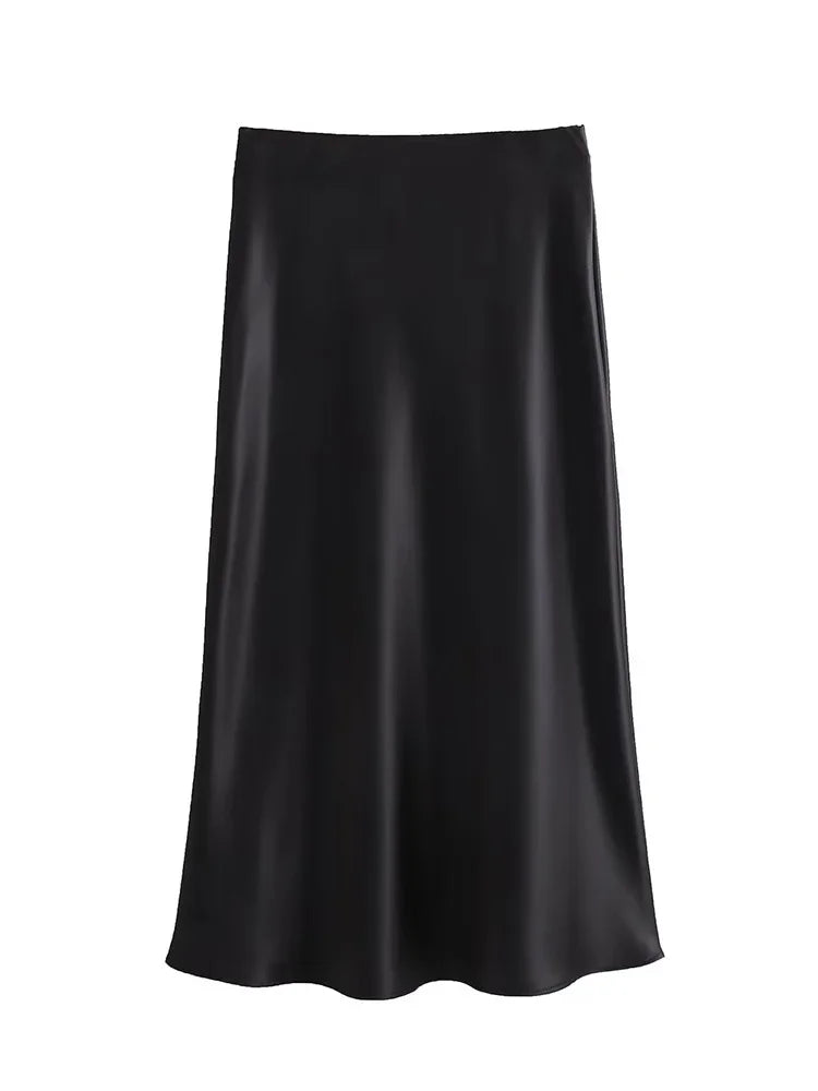 Willshela Falda de satén negra para mujer, falda larga elegante de cintura alta para mujer, falda midi de moda de verano, faldas de oficina para mujer