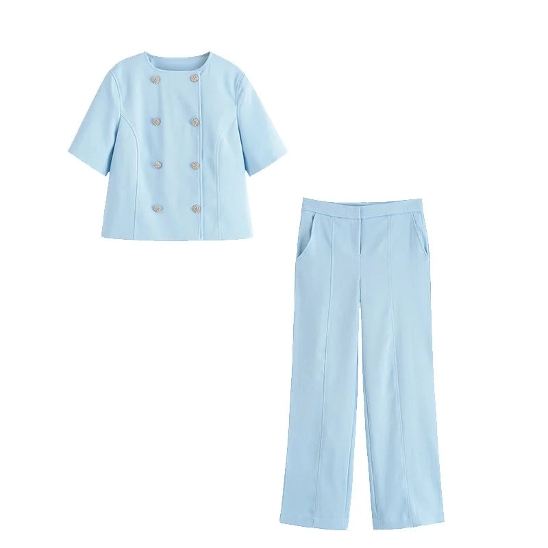 HipSeam High Waisted Pants Sets Women Summer Short Sleeve Double Breasted Blazer Pocket Trousers Women Outfit