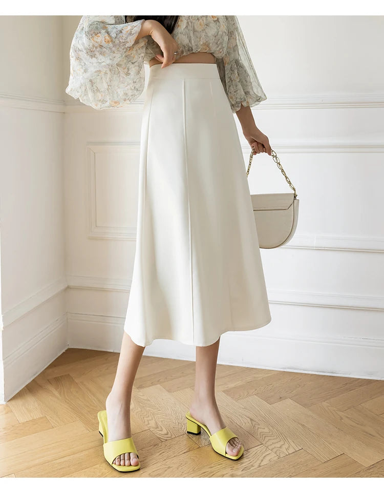 Women's Skirt Spring Women High Waist Solid Vintage Girl's Waist Down Skirt Knee-length A-line Fashion Thin Skirt for Women