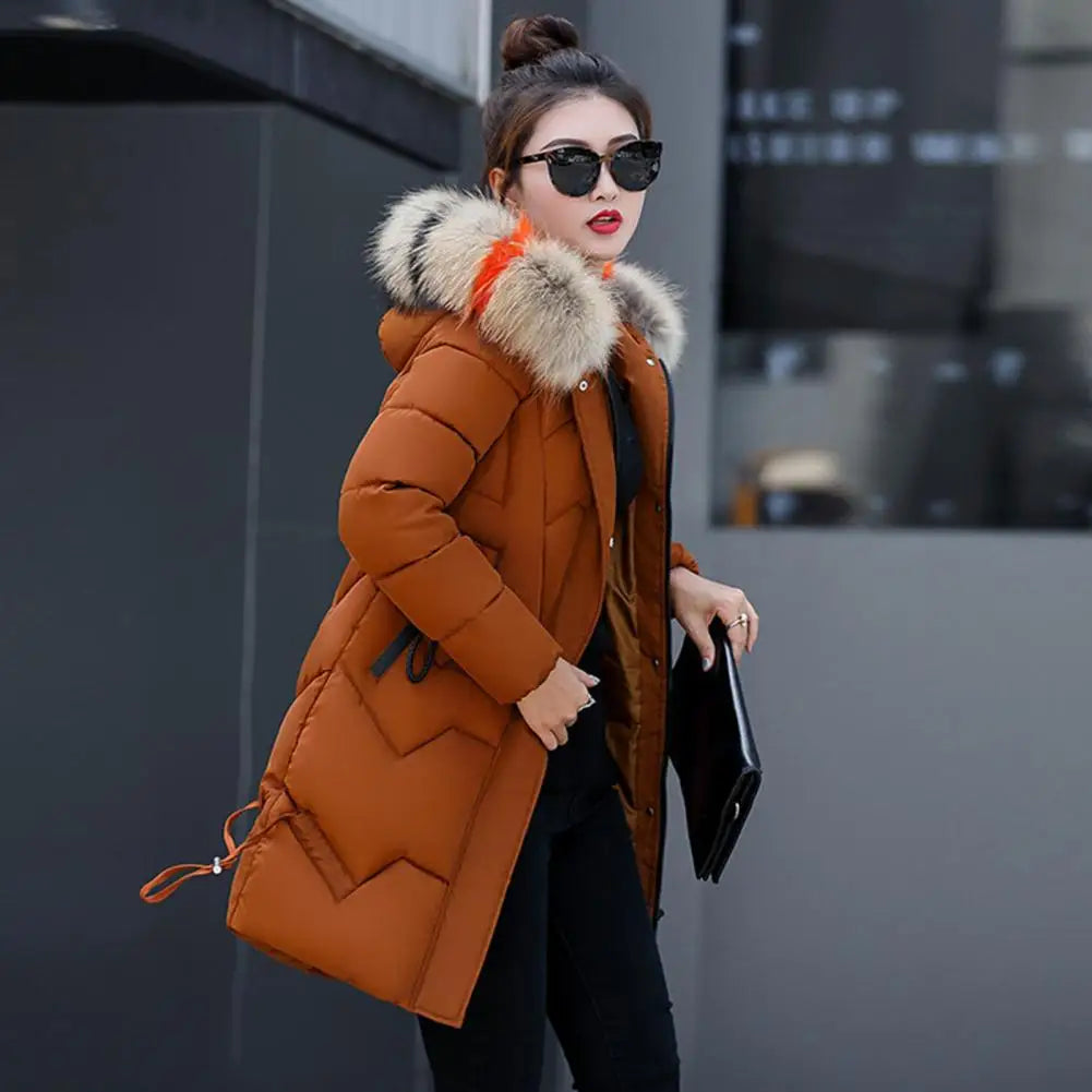 Hooded Cotton Jacket Stylish Winter Women's Cotton Jacket with Furry Hood Neck Protection Mid Length Zipper for Windproof
