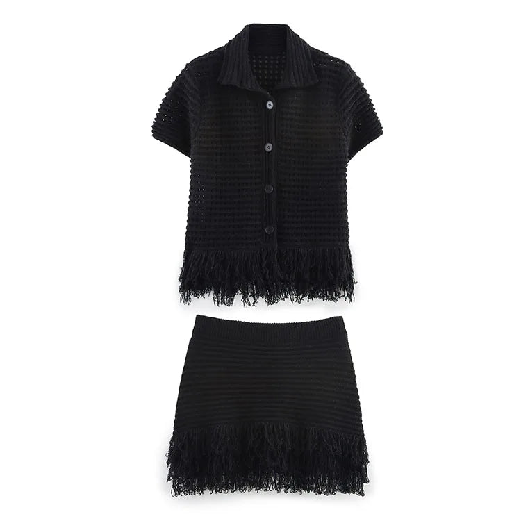 HipSeam Fringed Check Knit Skrts Sets Short Sleeved Lapel Button Tops Sexy Hip High Waist Skirts 2 Piece Set Women's Outfits