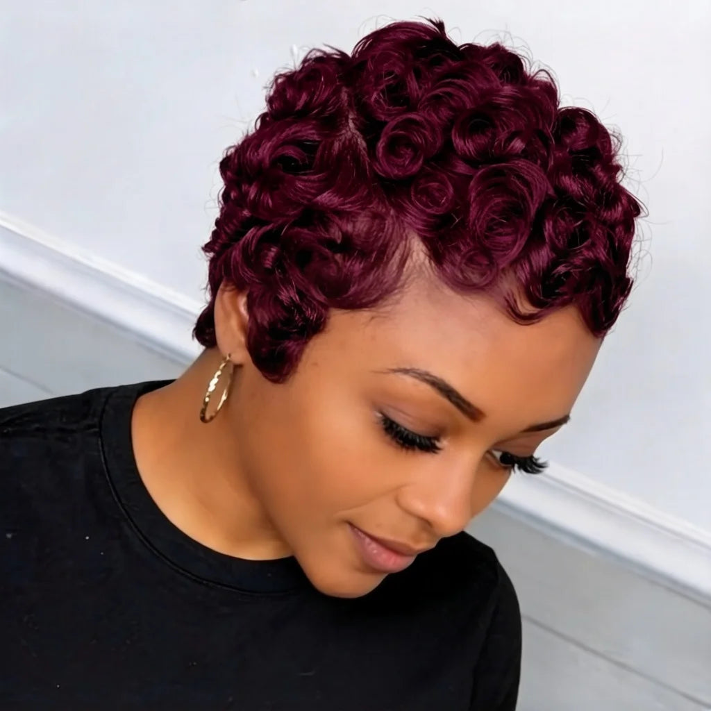 Loose Curly Side Part Brazilian Human Hair Wig Short Pixie Cut Wig for Women Full Machine Made Wig For Women