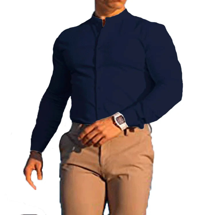 Men's  Casual Shirt Slim Fit Micro-elastic Long Sleeve Comfortable Versatile Stand Collar Tops Camisas  Men Dress Shirt