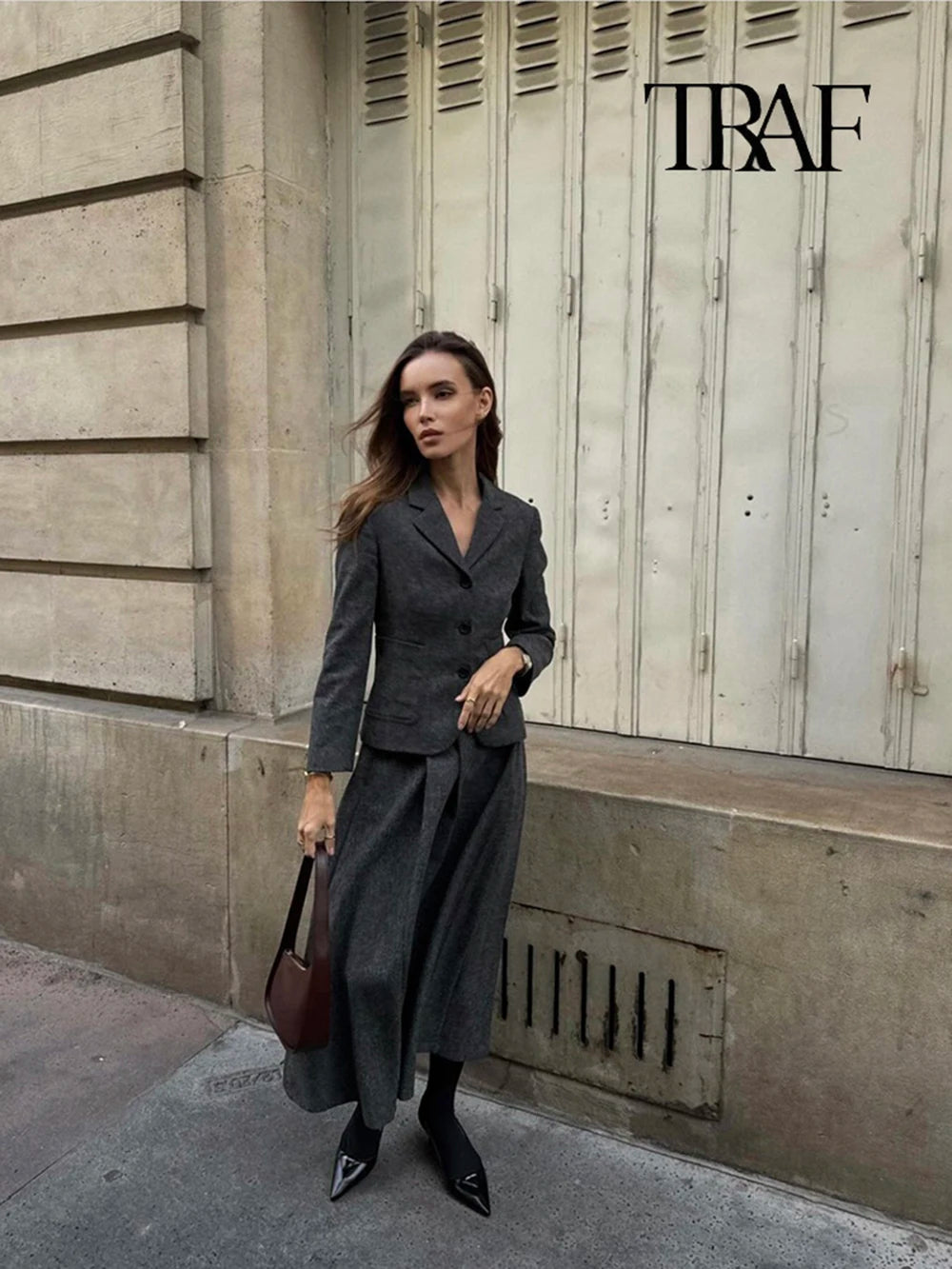 TRAF Women Fashion Casual Commuter Suit Skirt Suit Autumn and Winter Single-breasted Suit Jacket High-waisted A-line Skirt Suit