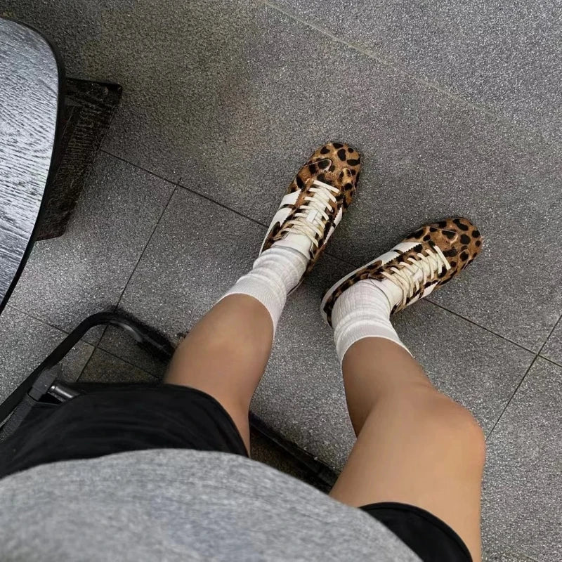 Women's sports shoes genuine leather women's shoes fashion retro leopard print German training shoes ins sports casual shoe