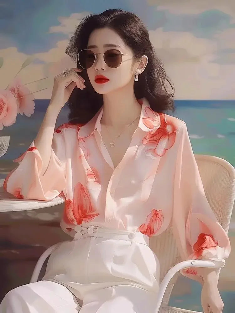Woman Top Simplicity with Designs Shirts & Blouses for Women Pattern Crop Fashion Elegant Social Clothing Trend Modern Long