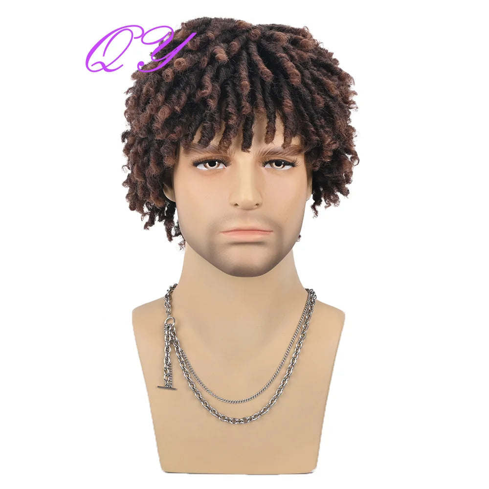 Syntetisk Kort Dreadlocks Parykk Rødbrun Buet og skitne fletter Vri Parykker For Afrikanske Menn Daglig Vakker Høy Kvalitet Hår