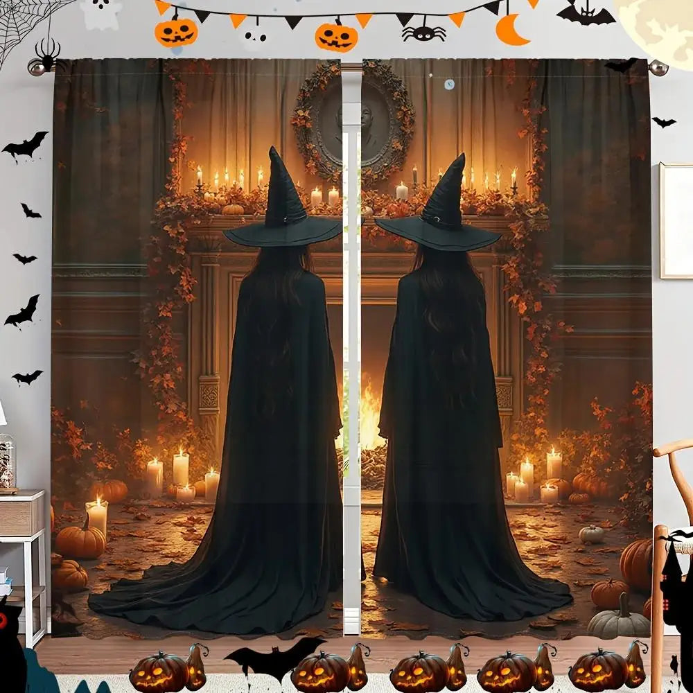 2pcs- Halloween Witch Magic Print Curtains, pole bag home decoration, room decoration
