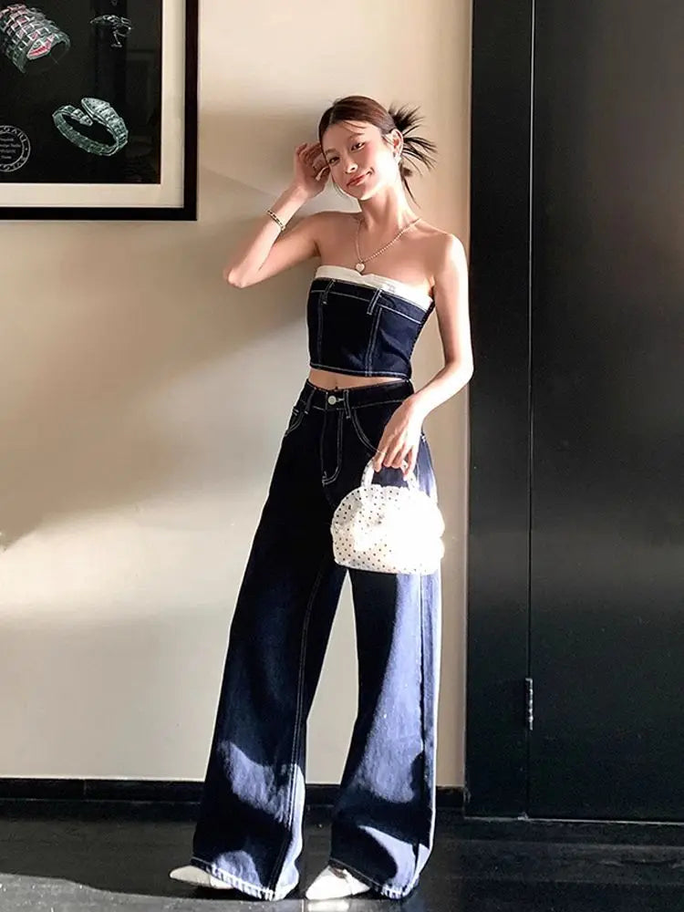 Pants Set Women's Summer Blue Contrasting Strapless Hot Girl Top High Waist Slimming Denim Pants Two-piece Set Female Clothes