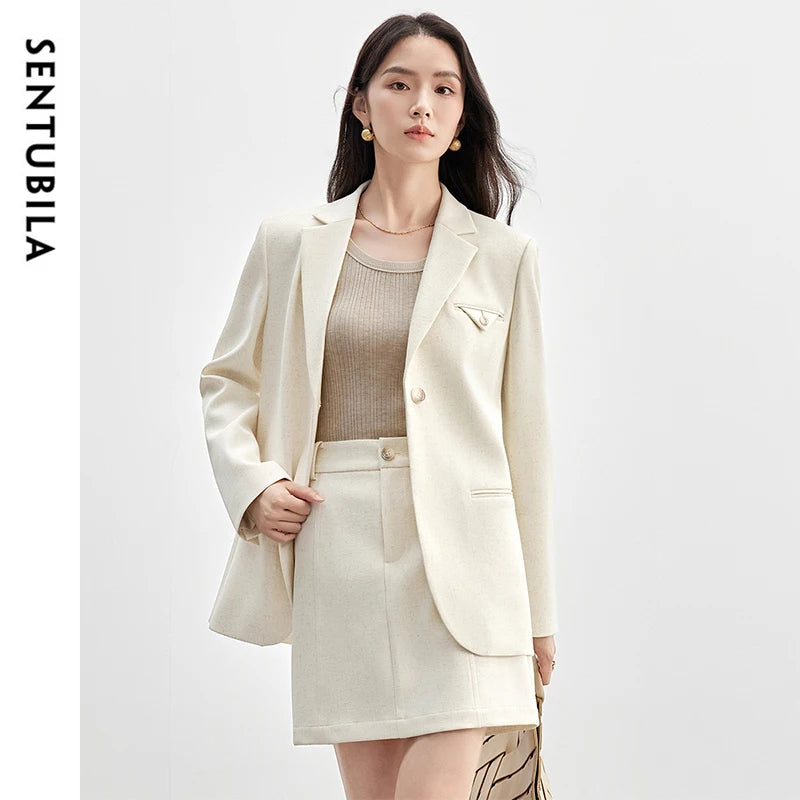 SENTUBILA Womens Skirt Suits Linen Blend Shoulder-pads Single Button  Blazer Solid Elegant Mini Skirts Two Piece Sets 151Z58181
