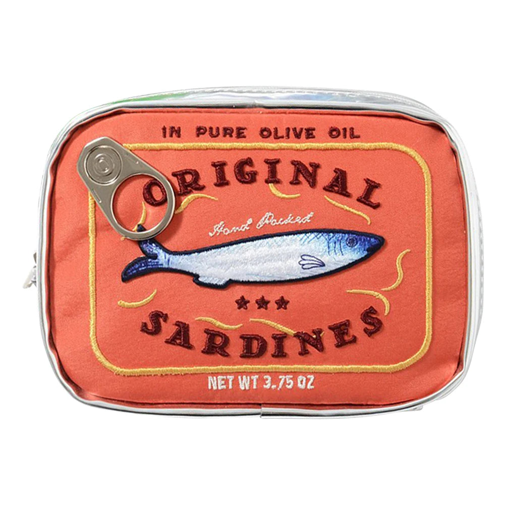 Bolsa de cosméticos única de sardinas enlatadas, bolsa de aseo portátil, bolsa de maquillaje con cremallera de moda para mujer, bolsa de viaje para hombre para vacaciones
