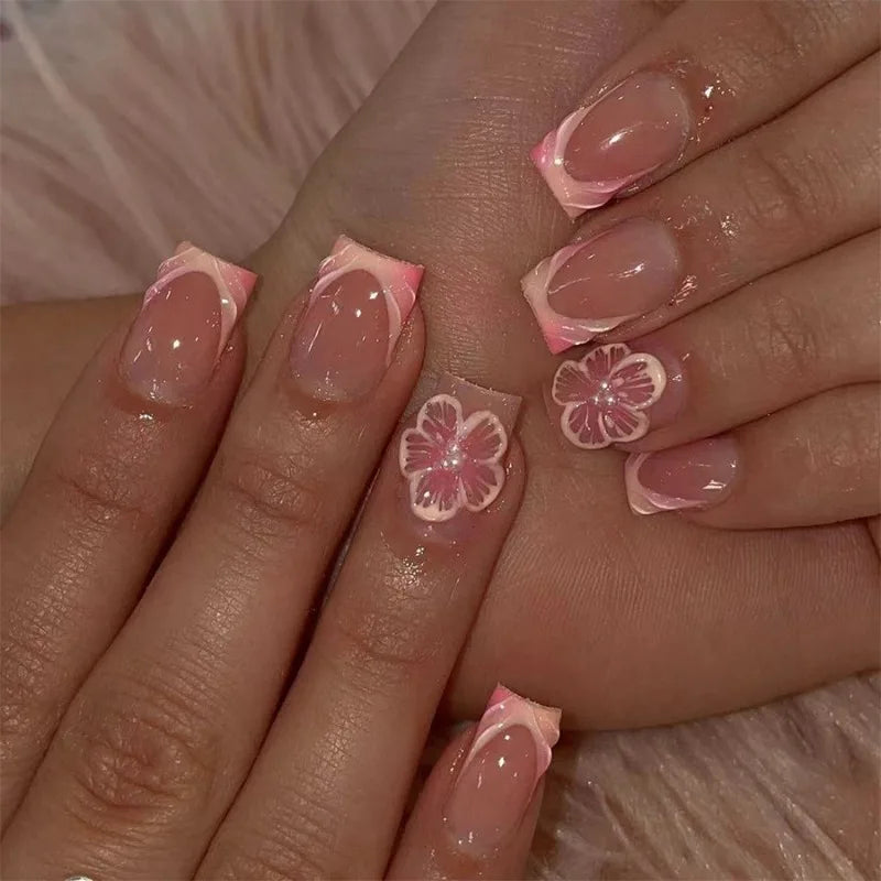 24Pcs Short Square French Nail Tips 3D Embossed Flower Decoration Removable Wearable Press on Nails for Women Girls DIY Manicure