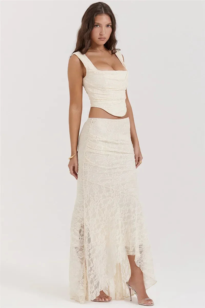 Lace Bandage 2 Piece-Set Long Skirt Female Patchwork Fashion Backless High Waist Elegant Lace-Up Maxi Skirt Sets Outfits