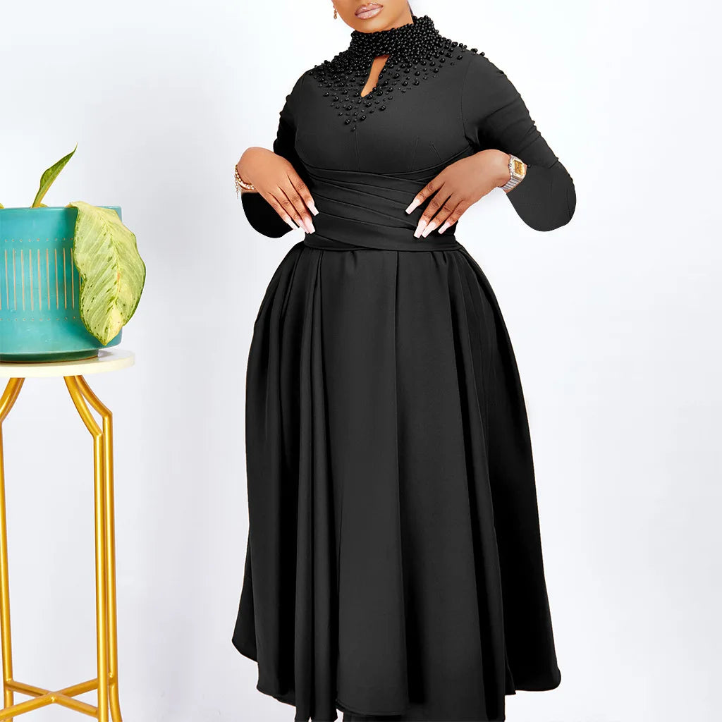 Vestido Elegante Africano para Mujer, Vestidos de Noche con Cuello Alto y Cuentas a la Moda, Vestido Delgado de Temperamento para Mujer, Vestidos Casuales de Manga Larga