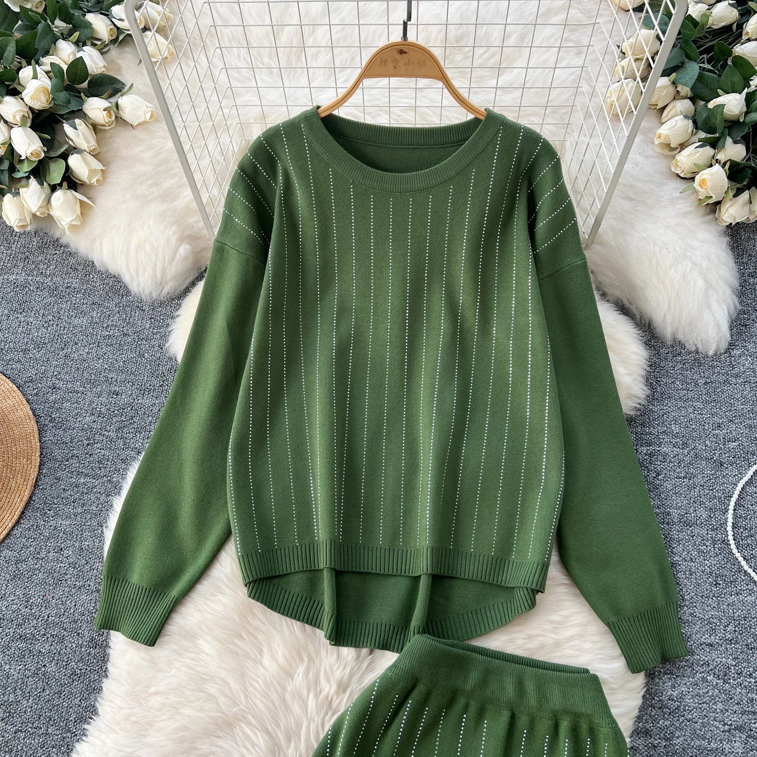 Women Skirt Sets Two Piece Sweater Set Full Sleeve Knit Tops Dress Sets Wrap Hip Skirts Casual Top Diamonds Spliced Autumn 2025