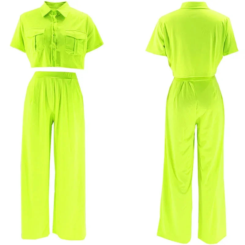 Conjuntos de pantalón elegante sólido de mujer, atuendo de 2 piezas para verano 2024, top de camisa con botones, cuello vuelto y bolsillos, y traje de pantalones de pierna ancha