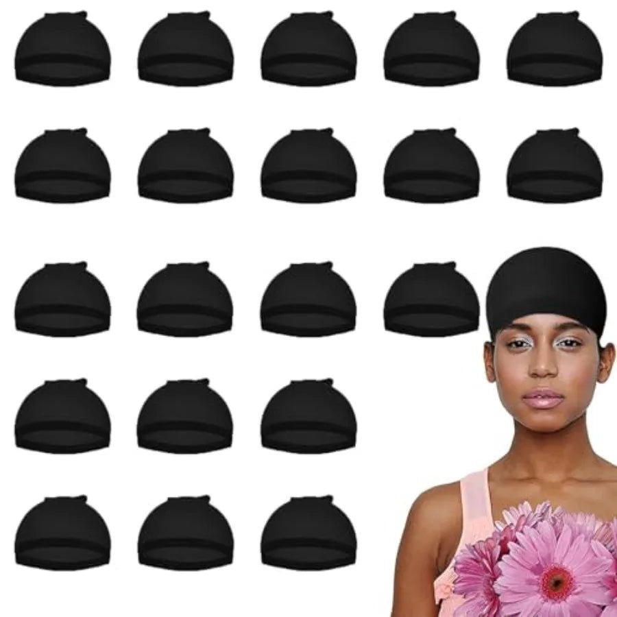 Smilco 20-Piece Black Lace Front Stocking Cap - Stretchy Nylon Wig Cap for Women's Wigs, Black Easy to Use Secure Fit One Size